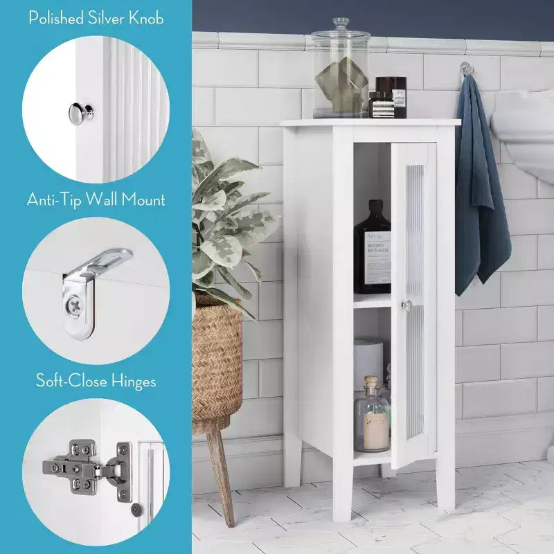 Mobiletto e Organizer Stretto Prescott con anta singola per bagno e lavanderia con ripiani regolabili - Bianco