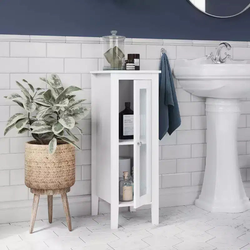 Mobiletto e Organizer Stretto Prescott con anta singola per bagno e lavanderia con ripiani regolabili - Bianco