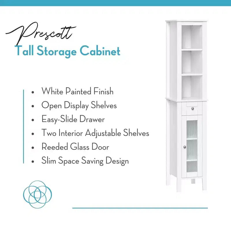 Mobile bagno alto Prescott con cassetto, anta in vetro e ripiani - Bianco