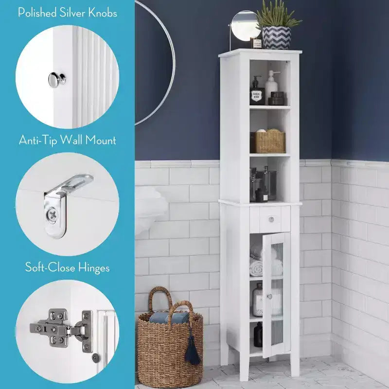 Mobile bagno alto Prescott con cassetto, anta in vetro e ripiani - Bianco