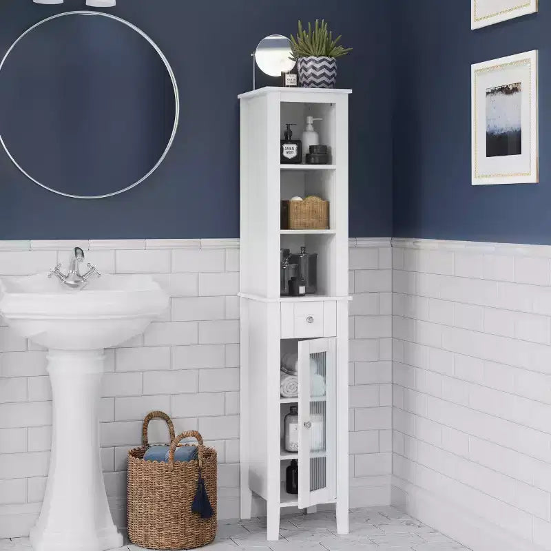 Mobile bagno alto Prescott con cassetto, anta in vetro e ripiani - Bianco
