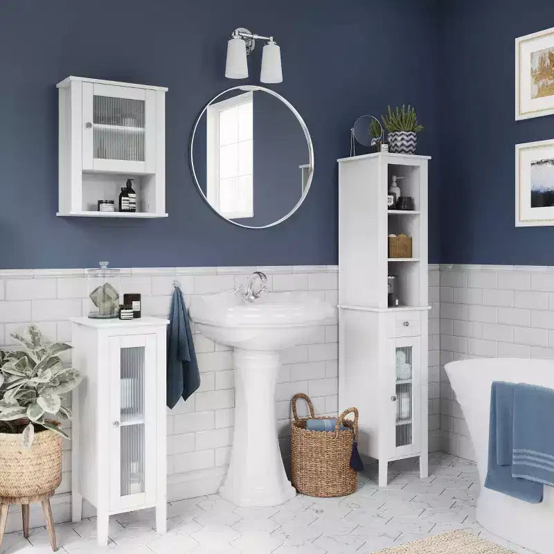 Mobile bagno alto Prescott con cassetto, anta in vetro e ripiani - Bianco