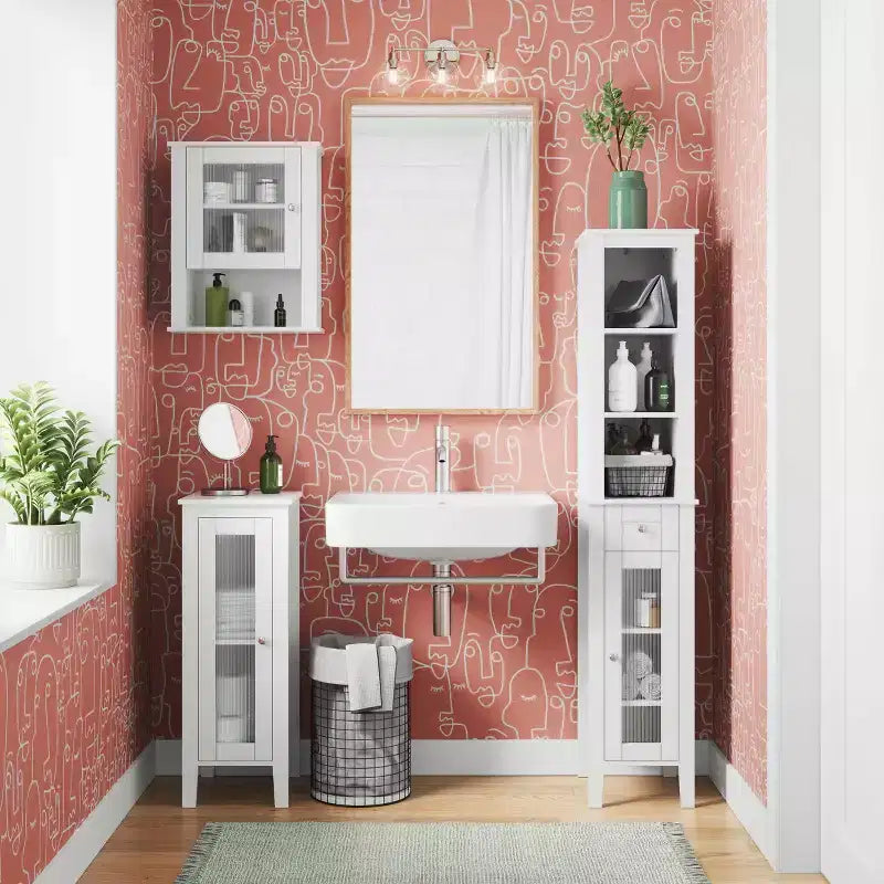 Mobile bagno alto Prescott con cassetto, anta in vetro e ripiani - Bianco