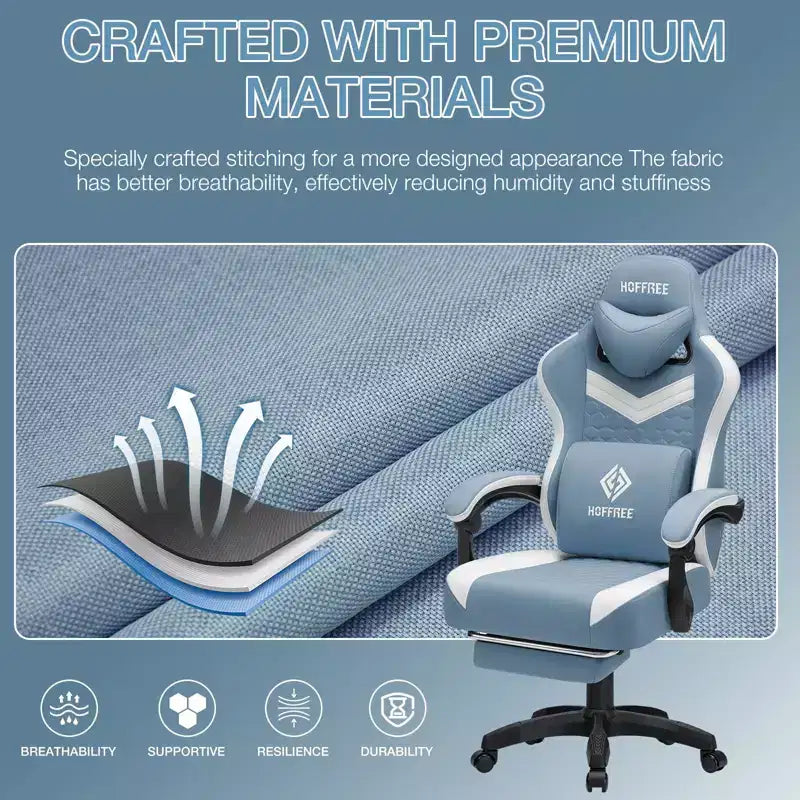 Sedia da gaming massaggiante in tessuto traspirante, sedia da ufficio ergonomica per PC con poggiapiedi e regolabile