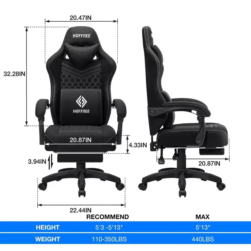 Sedia da gaming massaggiante in tessuto traspirante, sedia da ufficio ergonomica per PC con poggiapiedi e regolabile