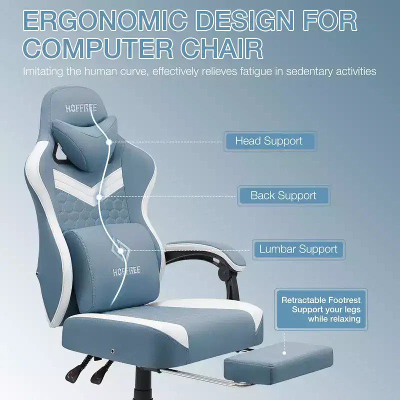 Sedia da gaming massaggiante in tessuto traspirante, sedia da ufficio ergonomica per PC con poggiapiedi e regolabile