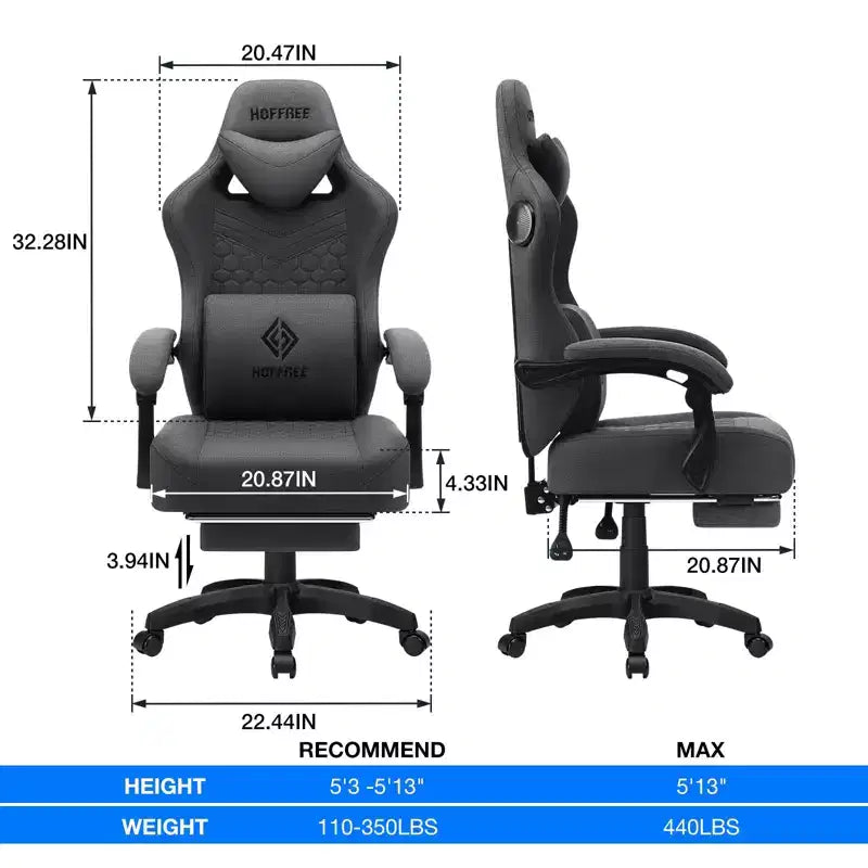 Sedia da gaming massaggiante in tessuto traspirante, sedia da ufficio ergonomica per PC con poggiapiedi e regolabile