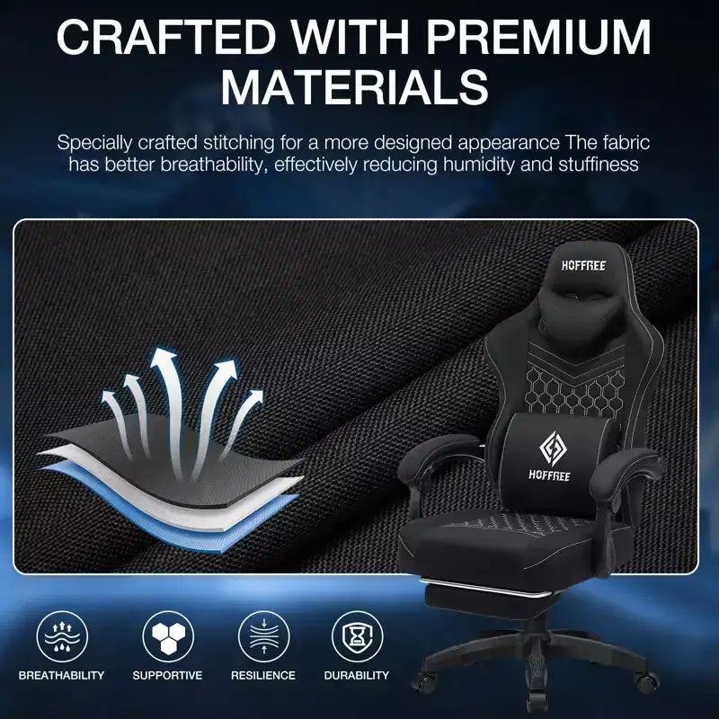 Sedia da gaming massaggiante in tessuto traspirante, sedia da ufficio ergonomica per PC con poggiapiedi e regolabile