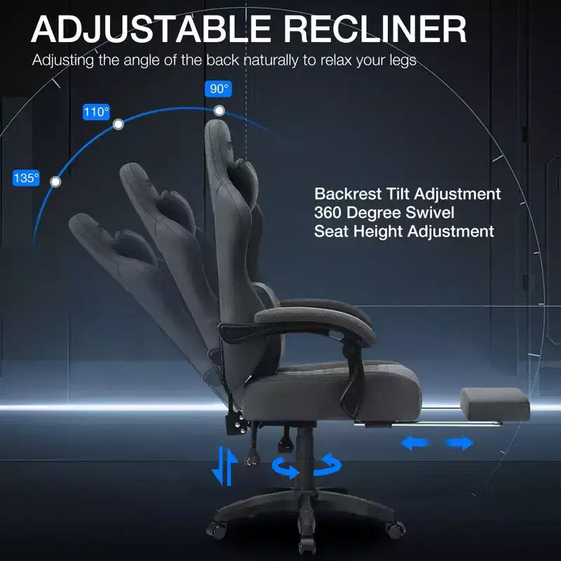 Sedia da gaming massaggiante in tessuto traspirante, sedia da ufficio ergonomica per PC con poggiapiedi e regolabile