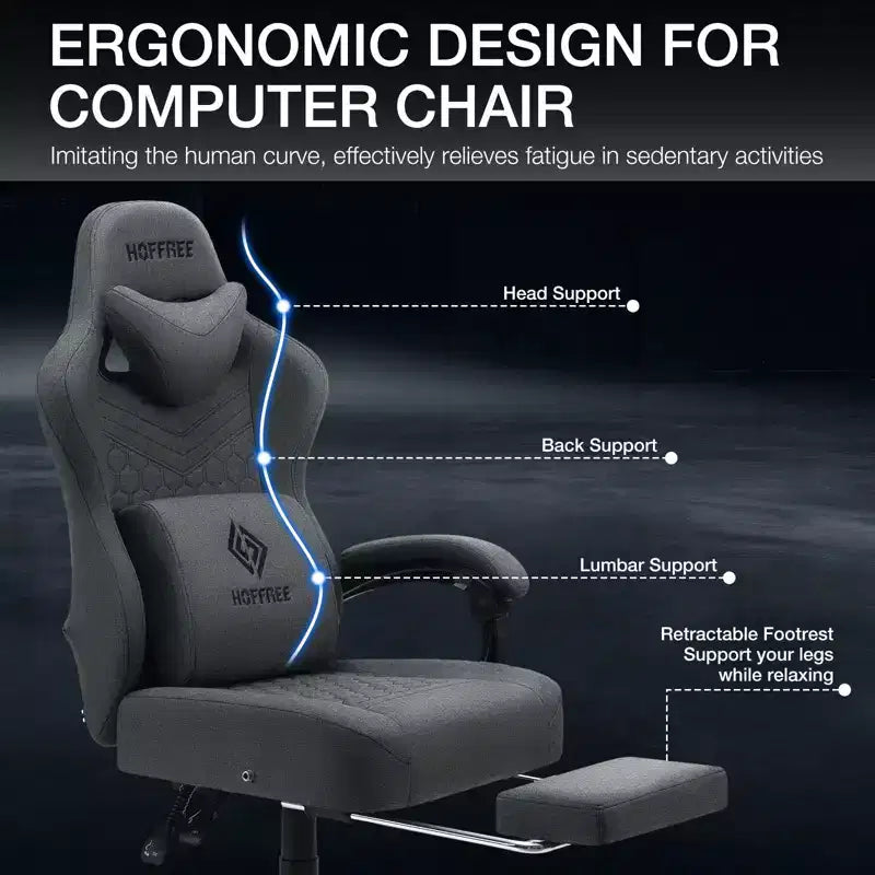 Sedia da gaming massaggiante in tessuto traspirante, sedia da ufficio ergonomica per PC con poggiapiedi e regolabile