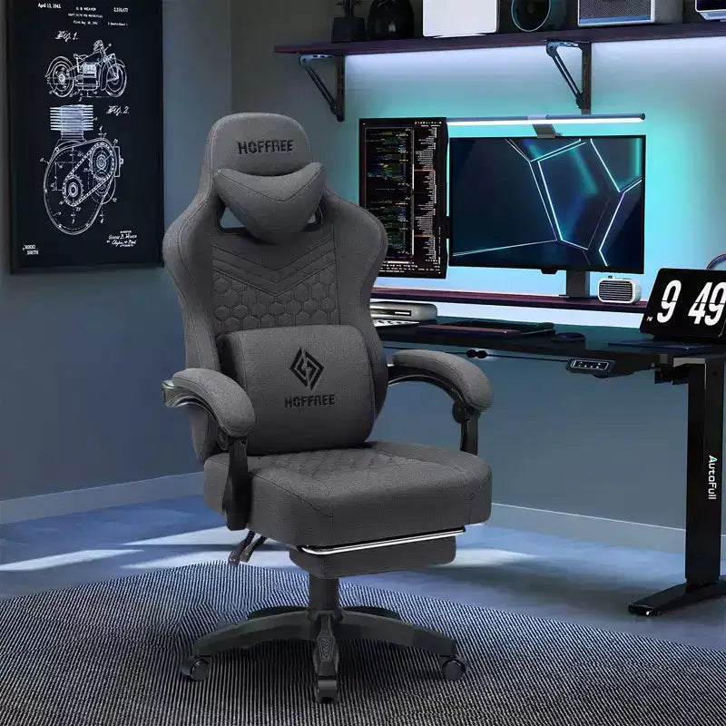 Sedia da gaming massaggiante in tessuto traspirante, sedia da ufficio ergonomica per PC con poggiapiedi e regolabile