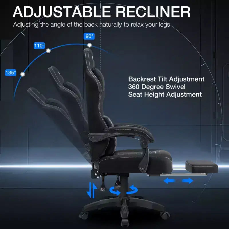 Sedia da gaming massaggiante in tessuto traspirante, sedia da ufficio ergonomica per PC con poggiapiedi e regolabile