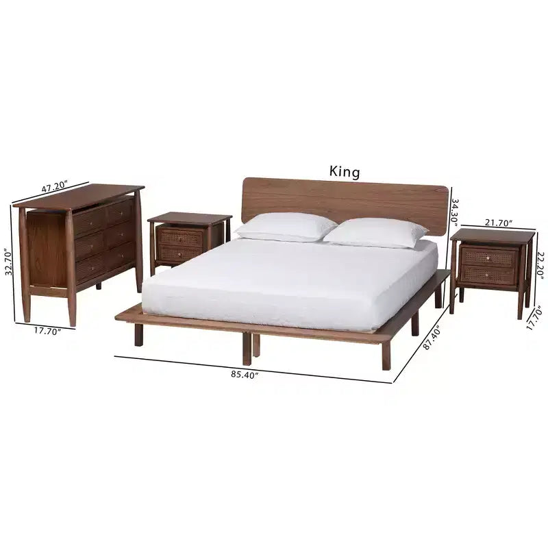 Set camera da letto Alyssa Japandi in legno di noce marrone, 4 pezzi