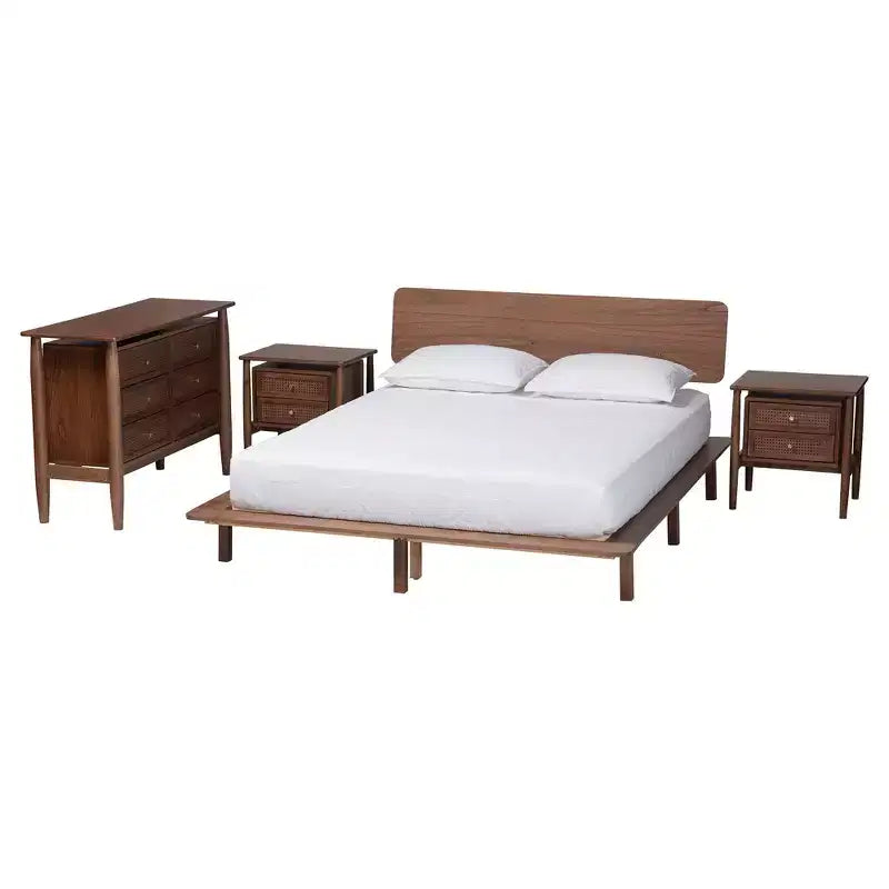 Set camera da letto Alyssa Japandi in legno di noce marrone, 4 pezzi