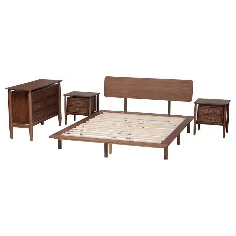 Set camera da letto Alyssa Japandi in legno di noce marrone, 4 pezzi