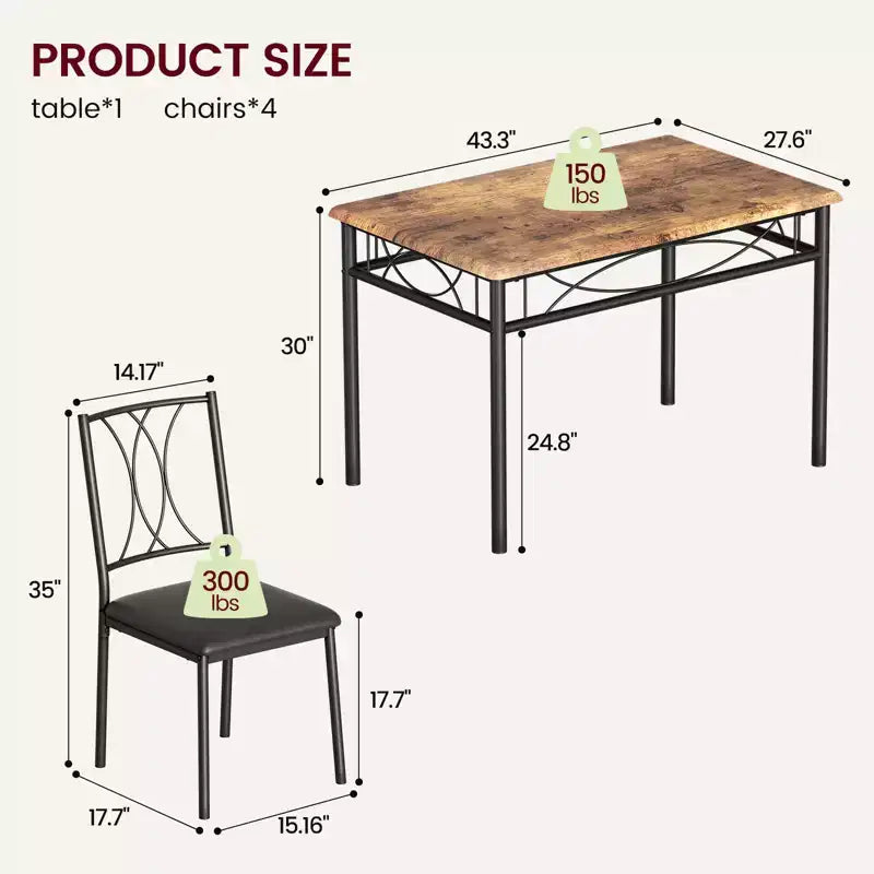 Set tavolo da pranzo, Set tavolo da cucina per 4 persone, Set tavolo da pranzo in legno da 4 pezzi con 4 sedie, Set tavolo rettangolare da cucina per piccoli spazi