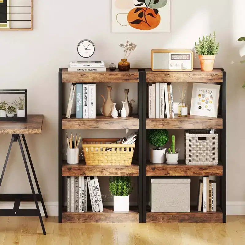 1/2 PZ Libreria a 4 Ripiani in Legno con Doppio Kit Antiribaltamento Scaffale Aperto Naturale/Marrone