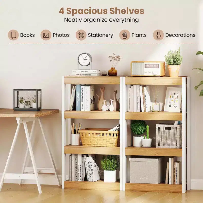 1/2 PZ Libreria a 4 Ripiani in Legno con Doppio Kit Antiribaltamento Scaffale Aperto Naturale/Marrone