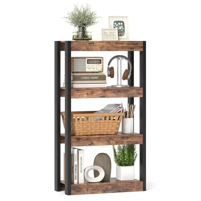 1/2 PZ Libreria a 4 Ripiani in Legno con Doppio Kit Antiribaltamento Scaffale Aperto Naturale/Marrone