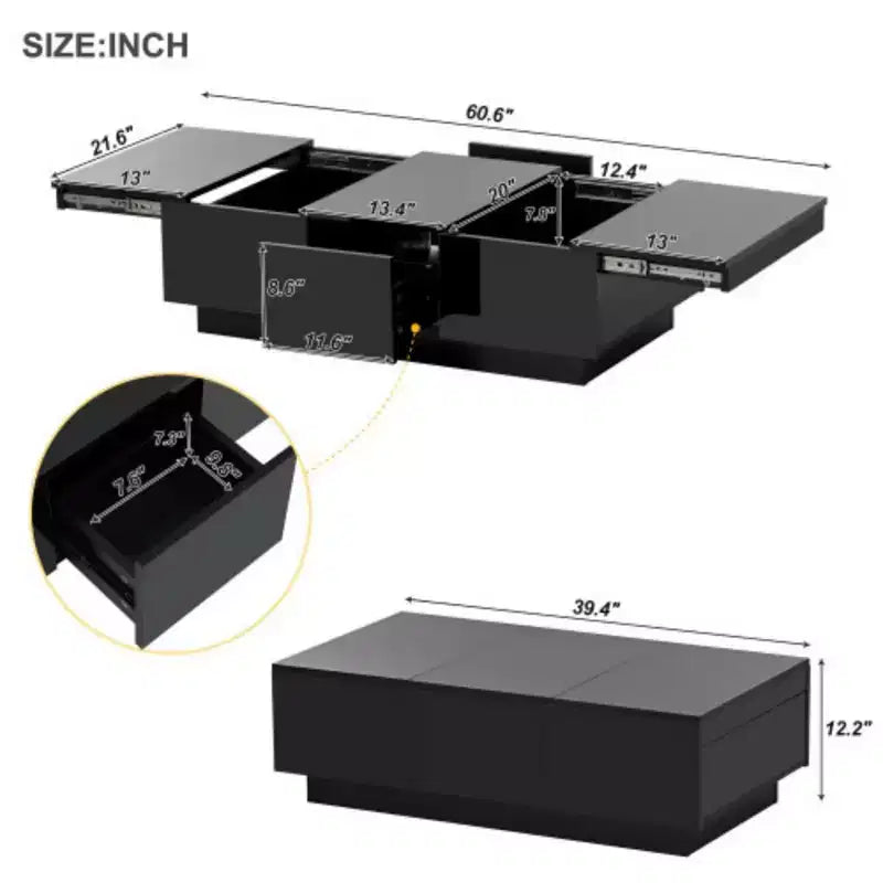Tavolino da salotto con piano scorrevole, lucido, 39,3x21,6, nero