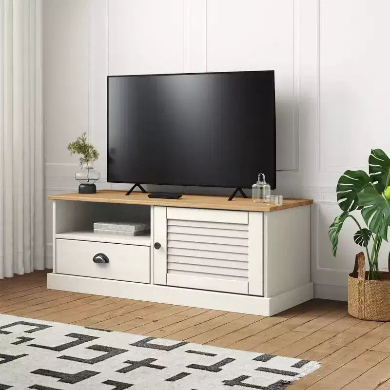 Mobile porta TV VIGO in legno massello di pino bianco - 105,9x39,9x39,9 cm con cassetto, ripiano aperto e armadietto, facile da pulire