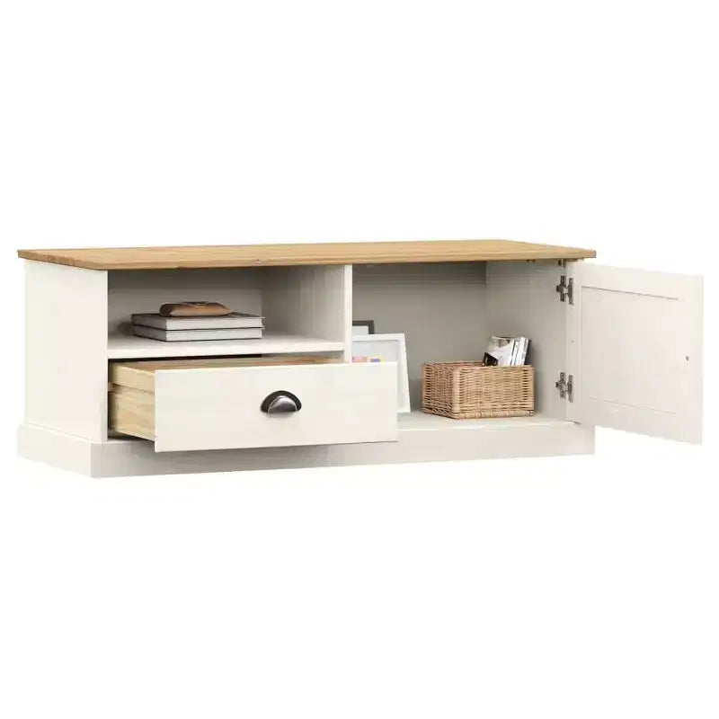 Mobile porta TV VIGO in legno massello di pino bianco - 105,9x39,9x39,9 cm con cassetto, ripiano aperto e armadietto, facile da pulire