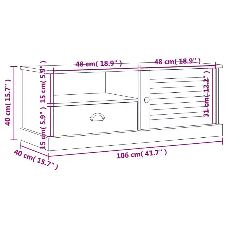 Mobile porta TV VIGO in legno massello di pino bianco - 105,9x39,9x39,9 cm con cassetto, ripiano aperto e armadietto, facile da pulire