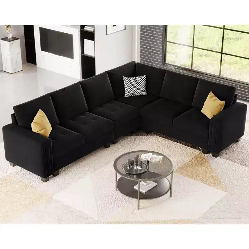 Divano Componibile a L in Velluto Trapuntato con Chaise Reversibile, Divano Sezionale Componibile Convertibile con Pouf Contenitore