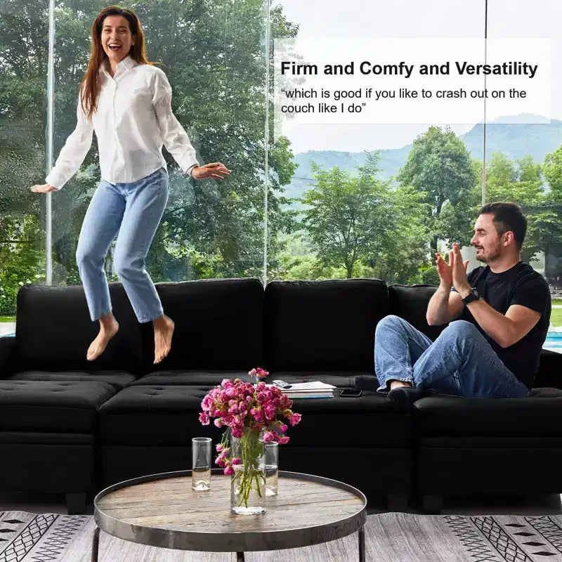 Divano Componibile a L in Velluto Trapuntato con Chaise Reversibile, Divano Sezionale Componibile Convertibile con Pouf Contenitore