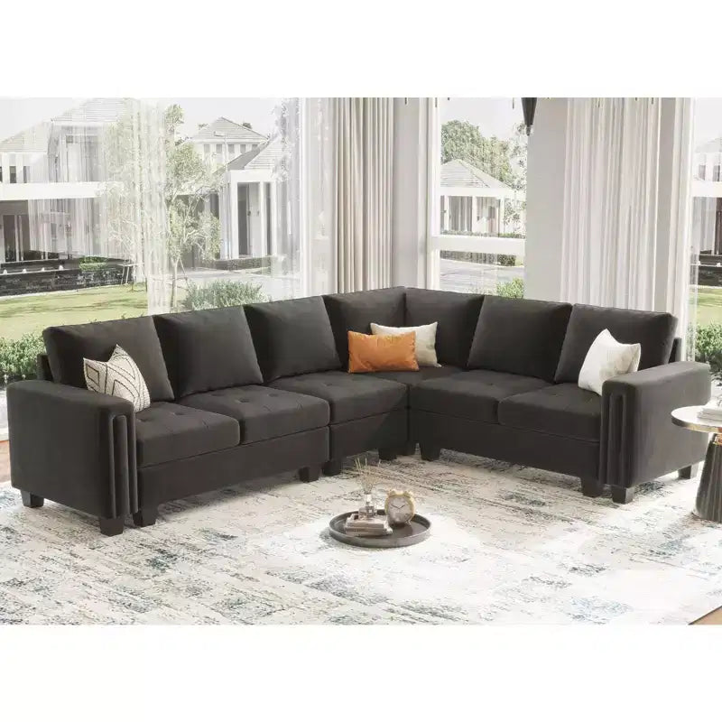 Divano Componibile a L in Velluto Trapuntato con Chaise Reversibile, Divano Sezionale Componibile Convertibile con Pouf Contenitore
