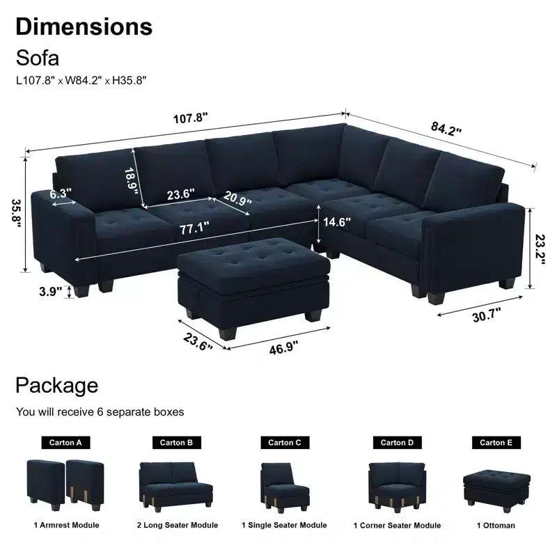 Divano Componibile a L in Velluto Trapuntato con Chaise Reversibile, Divano Sezionale Componibile Convertibile con Pouf Contenitore