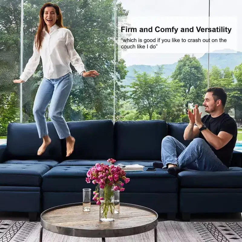 Divano Componibile a L in Velluto Trapuntato con Chaise Reversibile, Divano Sezionale Componibile Convertibile con Pouf Contenitore