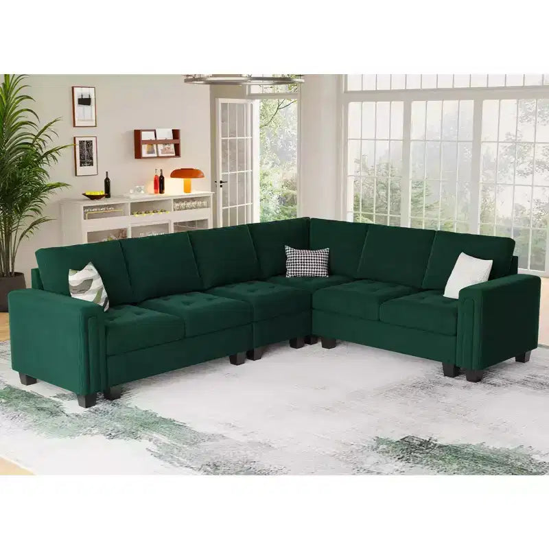 Divano Componibile a L in Velluto Trapuntato con Chaise Reversibile, Divano Sezionale Componibile Convertibile con Pouf Contenitore