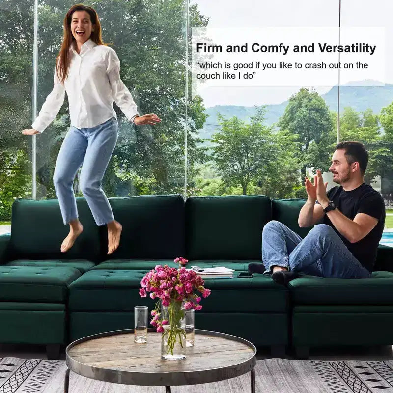 Divano Componibile a L in Velluto Trapuntato con Chaise Reversibile, Divano Sezionale Componibile Convertibile con Pouf Contenitore