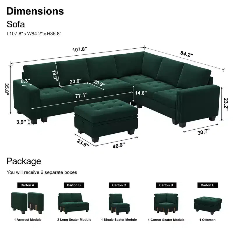 Divano Componibile a L in Velluto Trapuntato con Chaise Reversibile, Divano Sezionale Componibile Convertibile con Pouf Contenitore