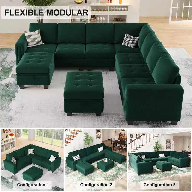 Divano Componibile a L in Velluto Trapuntato con Chaise Reversibile, Divano Sezionale Componibile Convertibile con Pouf Contenitore
