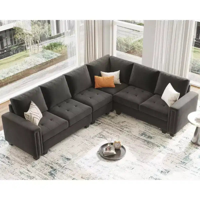 Divano Componibile a L in Velluto Trapuntato con Chaise Reversibile, Divano Sezionale Componibile Convertibile con Pouf Contenitore