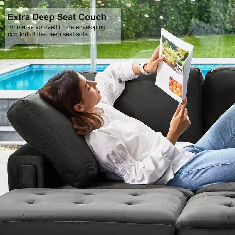 Divano Componibile a L in Velluto Trapuntato con Chaise Reversibile, Divano Sezionale Componibile Convertibile con Pouf Contenitore