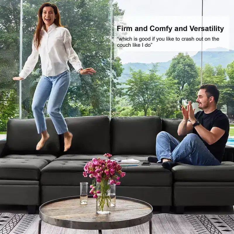 Divano Componibile a L in Velluto Trapuntato con Chaise Reversibile, Divano Sezionale Componibile Convertibile con Pouf Contenitore