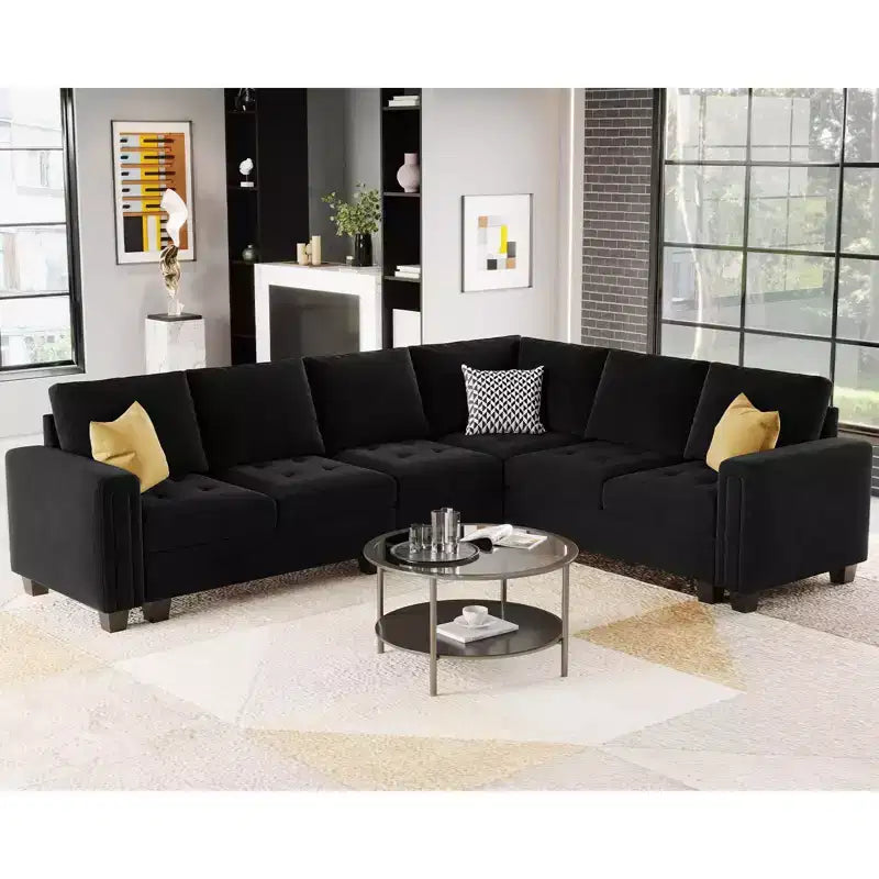 Divano Componibile a L in Velluto Trapuntato con Chaise Reversibile, Divano Sezionale Componibile Convertibile con Pouf Contenitore