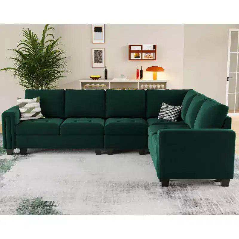 Divano Componibile a L in Velluto Trapuntato con Chaise Reversibile, Divano Sezionale Componibile Convertibile con Pouf Contenitore