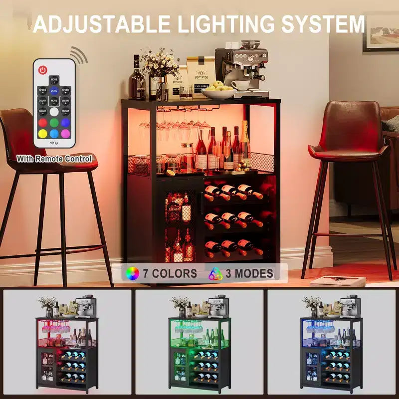 Credenza mobile bar a 3 livelli con portabottiglie e spazio contenitore, mobile buffet con portabicchieri e anta a rete, per cucina, soggiorno e bar