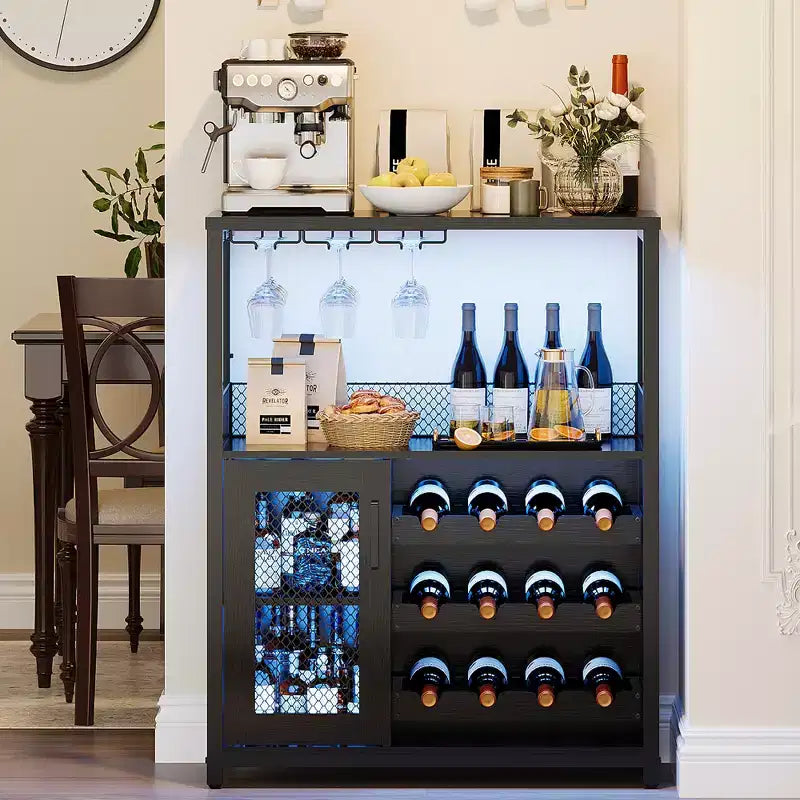 Credenza mobile bar a 3 livelli con portabottiglie e spazio contenitore, mobile buffet con portabicchieri e anta a rete, per cucina, soggiorno e bar