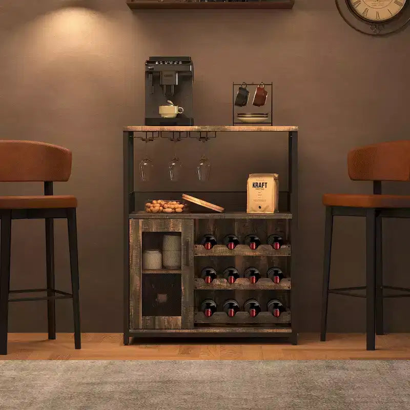 Credenza mobile bar a 3 livelli con portabottiglie e spazio contenitore, mobile buffet con portabicchieri e anta a rete, per cucina, soggiorno e bar
