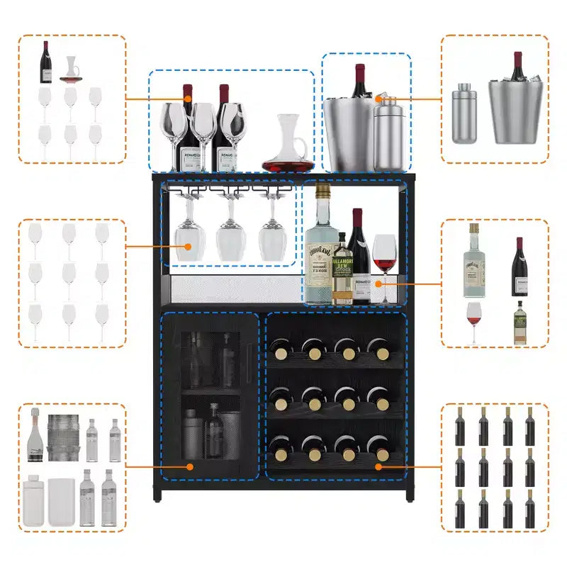 Credenza mobile bar a 3 livelli con portabottiglie e spazio contenitore, mobile buffet con portabicchieri e anta a rete, per cucina, soggiorno e bar