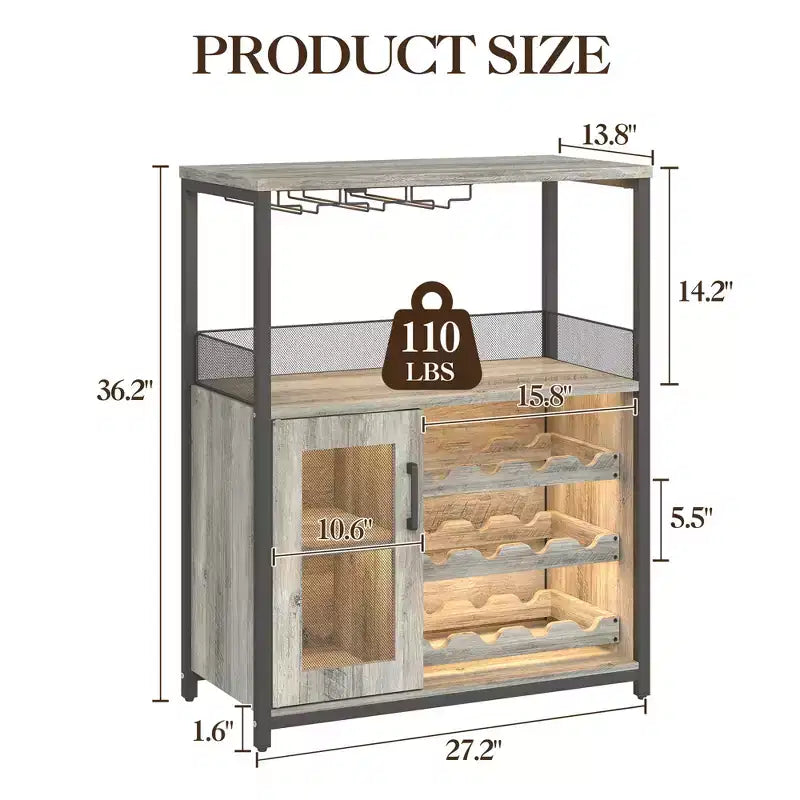 Credenza mobile bar a 3 livelli con portabottiglie e spazio contenitore, mobile buffet con portabicchieri e anta a rete, per cucina, soggiorno e bar