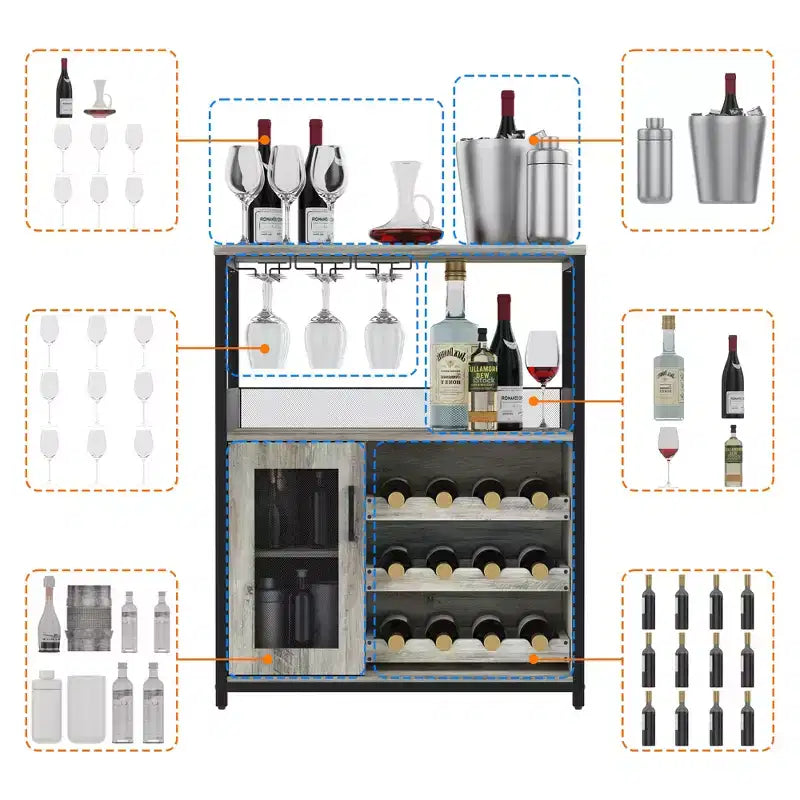 Credenza mobile bar a 3 livelli con portabottiglie e spazio contenitore, mobile buffet con portabicchieri e anta a rete, per cucina, soggiorno e bar