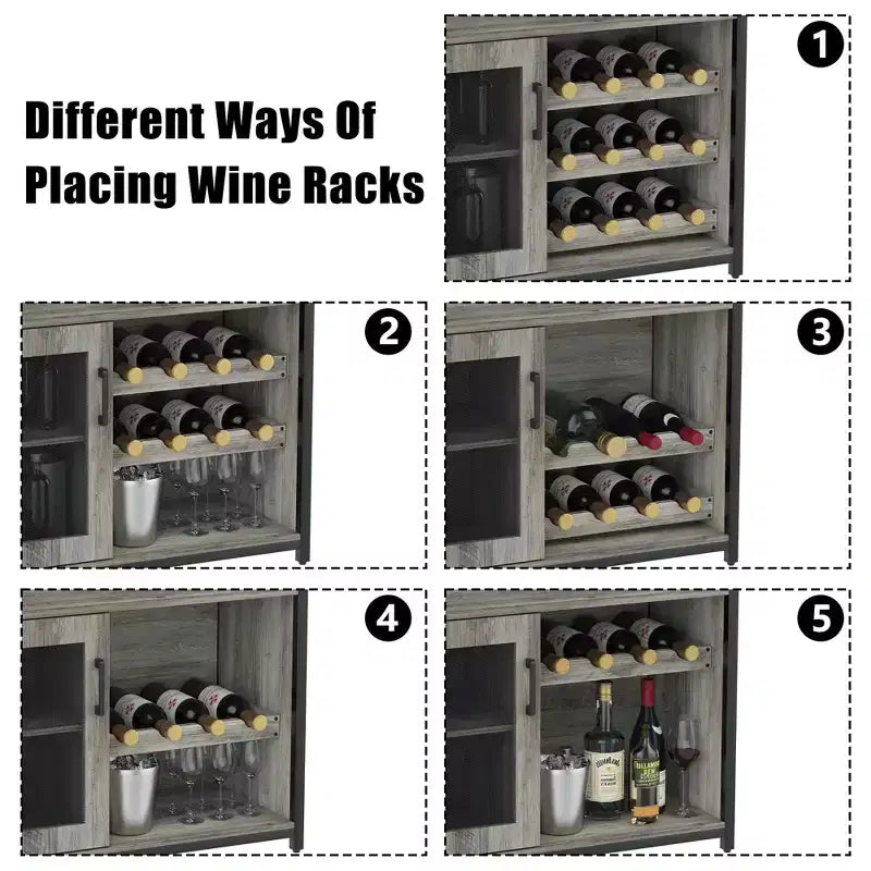 Credenza mobile bar a 3 livelli con portabottiglie e spazio contenitore, mobile buffet con portabicchieri e anta a rete, per cucina, soggiorno e bar