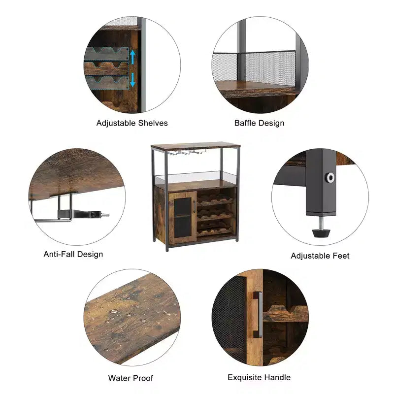 Credenza mobile bar a 3 livelli con portabottiglie e spazio contenitore, mobile buffet con portabicchieri e anta a rete, per cucina, soggiorno e bar