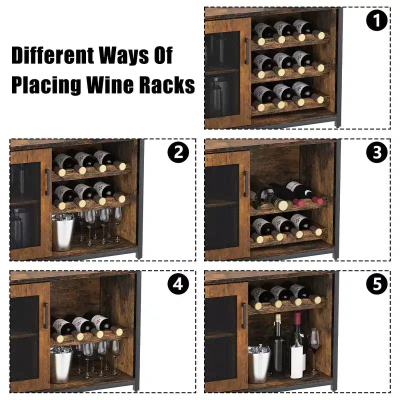 Credenza mobile bar a 3 livelli con portabottiglie e spazio contenitore, mobile buffet con portabicchieri e anta a rete, per cucina, soggiorno e bar